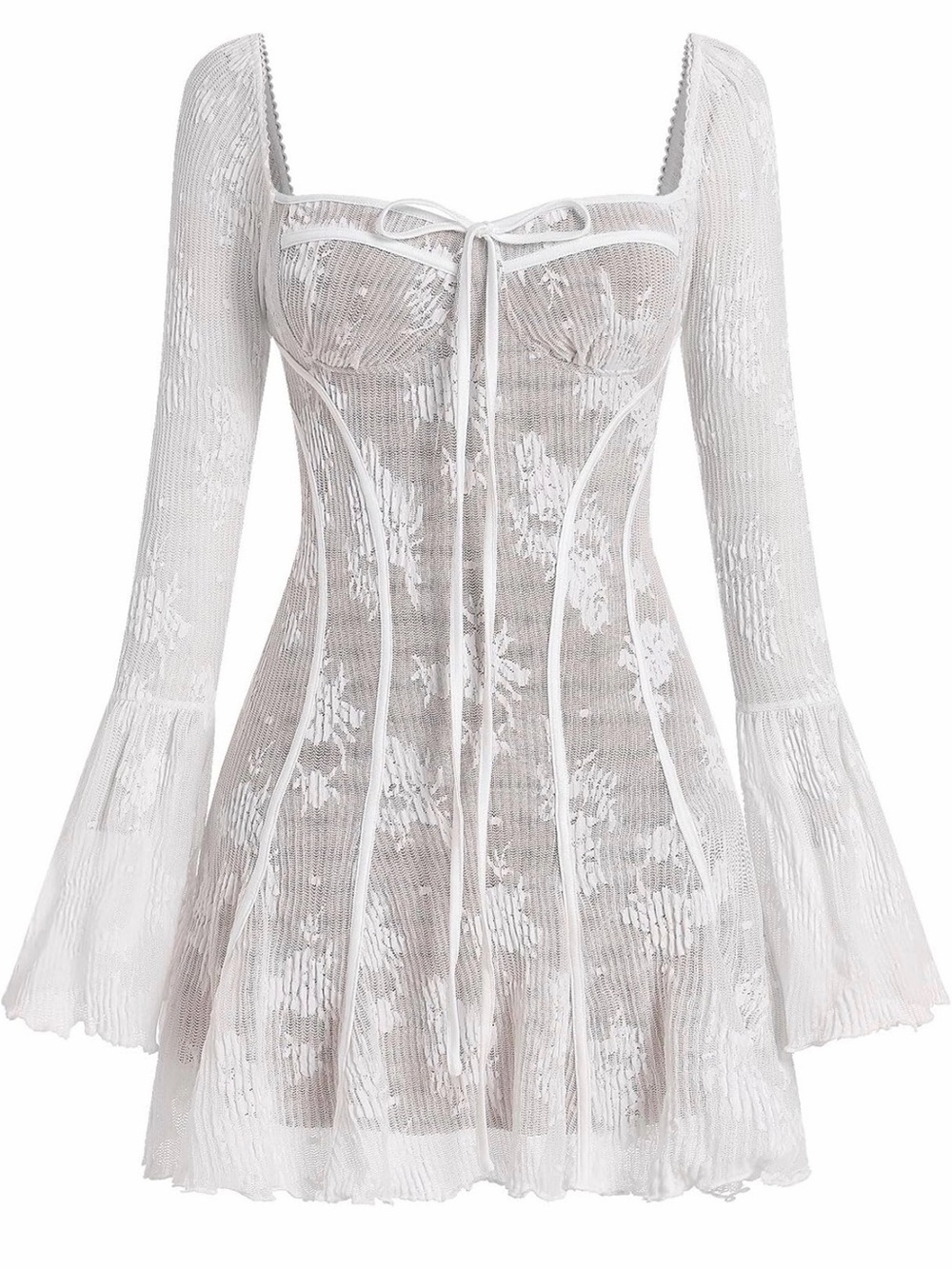 NWOT Corset Y2k Mini Dress Long Sleeve Low Cut Lace Dress Vintage White, Small